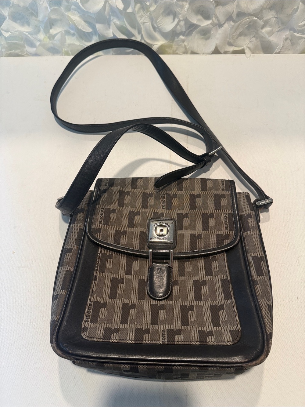 Monogram Pattern Brown & Gray Messenger Bag with Adjustable Strap